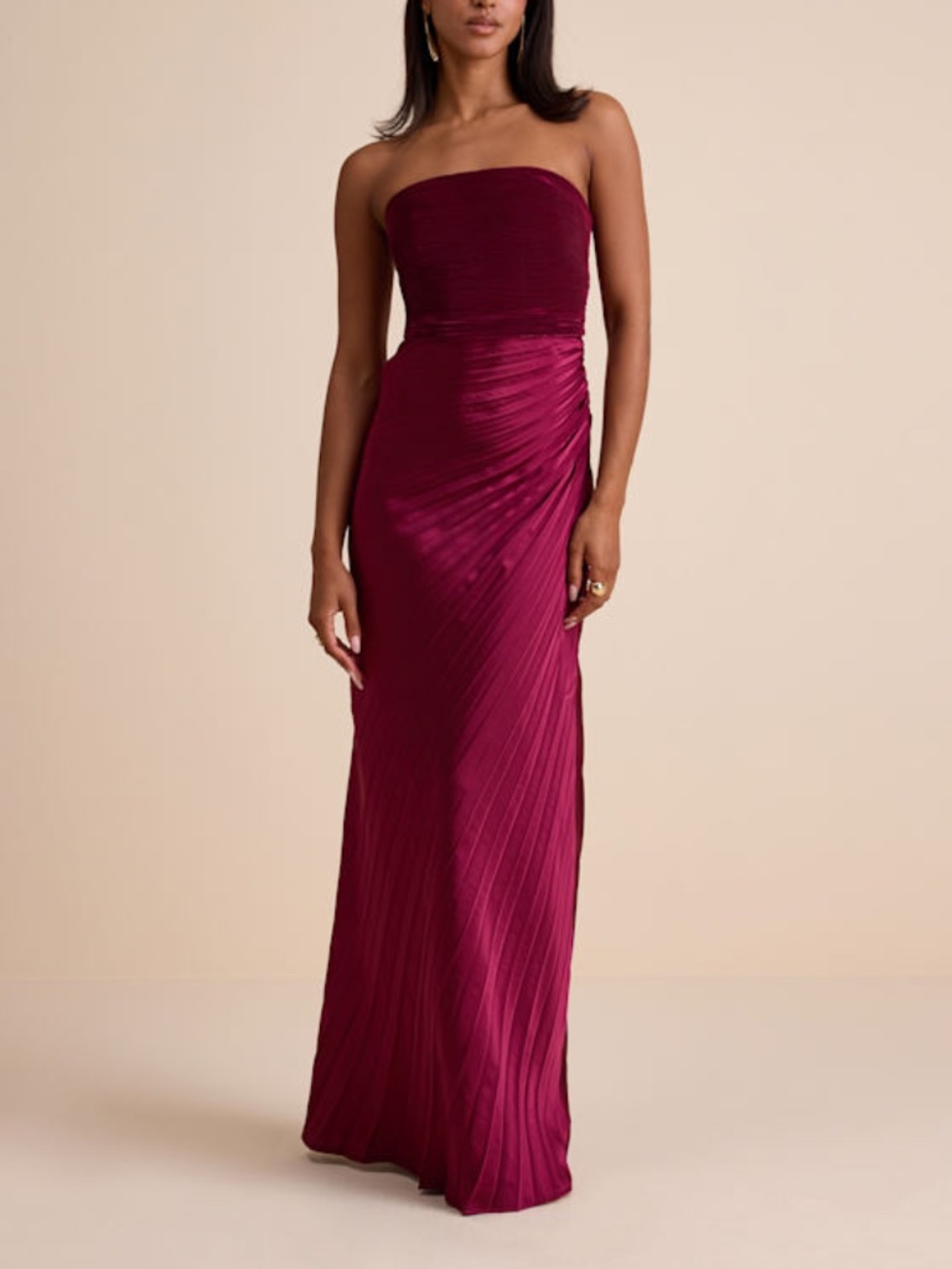 Lulus Nyrah Berry Red Satin Pleated Strapless Maxi Dress - Size S